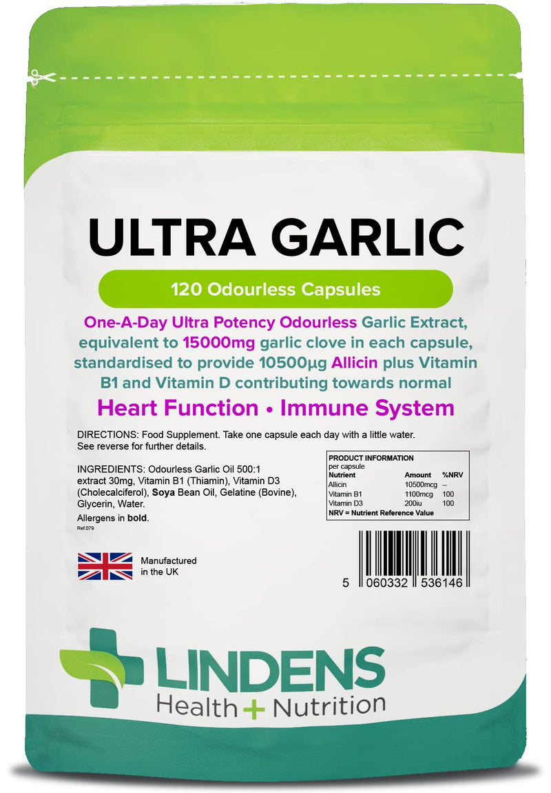 Lindens Ultra Garlic Odourless Capsules - 120 Pack - Including Vitamin B1 and D3 - Contributes to Normal Muscle Function, Heart and Immune Health - 15000mg Garlic (10500mcg Allicin) - UK Manufacturer, Letterbox Friendly - BeesActive Australia