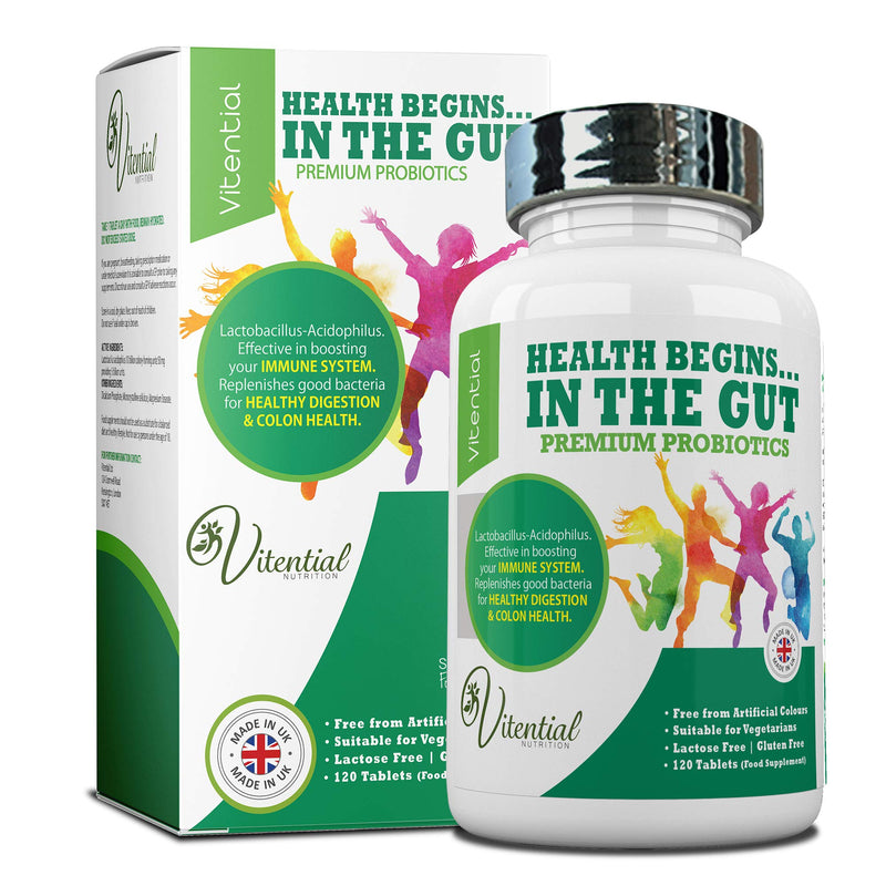 Vitential Nutrition Probiotics for Adults - 120 Vegan Tablets - High Strength Acidophilus Lactobacillus Probiotic Supplements � Promotes a Healthy Digestive & Colon Cleanse - Treatment for Men & Women 120 Count (Pack of 1) - BeesActive Australia