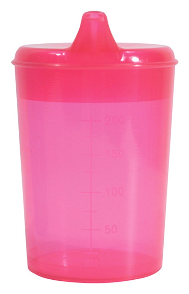 Drinking/Feeding Cup with 2 Spouts and graduated measurements on Side. Narrow Spout for drinking Liquids, Wider Spout for more Solid or Blended Food. Easy to hold and use. Reduces risk of Spillage. Pink 1 Count (Pack of 1) - BeesActive Australia
