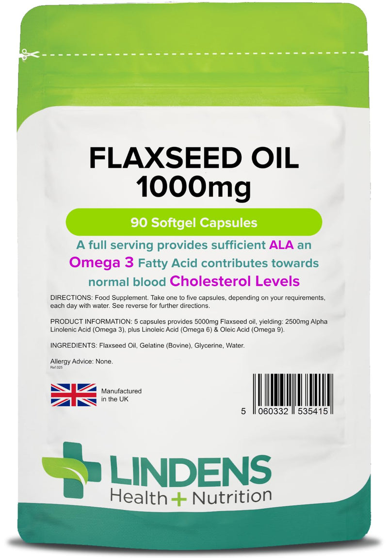 Lindens Flaxseed Oil 1000mg - 90 Capsules - Source of Omega 3 6 9 | UK Made | High in Alpha Linoleic Acid (ALA) | Maintenance of Normal Blood Cholesterol Levels | Fish Oil Alternative - BeesActive Australia