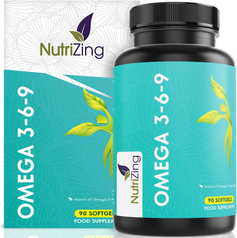 Omega 3 6 9 Triple Strength Fish Oil + Flaxseed Oil & Sunflower Oil - EPA & DHA - High Strength 1000mg - Made in The UK - Omega369 in one softgel by NutriZing - Potent Essential Fatty Acids - BeesActive Australia
