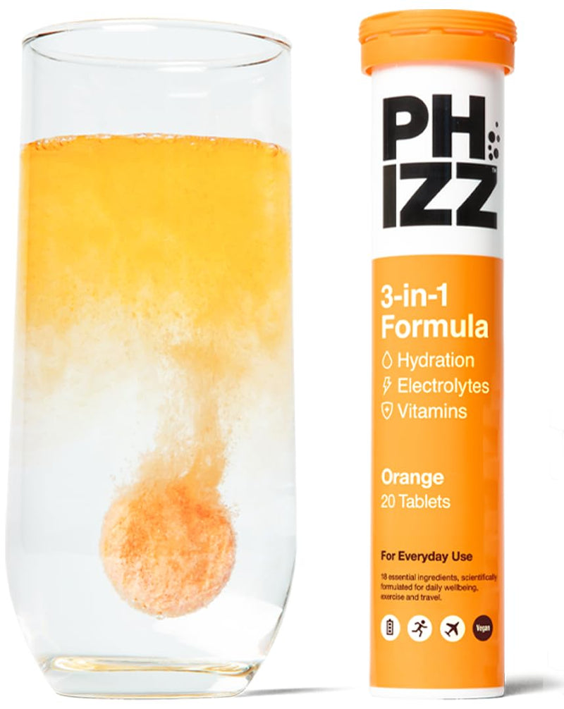 Phizz Electrolytes, Multivitamin & Hydration Tablets - 20 Effervescent Rehydration Tablets - 18 Vitamins & Minerals, Vitamin C, Vegan, Vegetarian & Low Calorie Orange 20 Count (Pack of 1) - BeesActive Australia