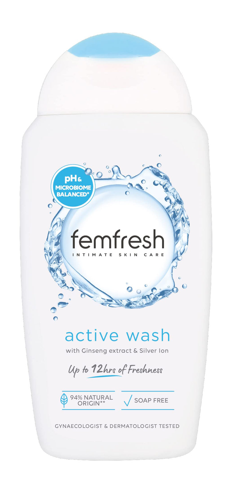 Femfresh Ultimate Care Active Vaginal Wash - Intimate Feminine Hygiene Shower & Bath Gel Cleanser - pH Balanced, Soap Free, Fragrance Free Gel Formula with 12-hour Sweat Protection - 250ml 250 ml (Pack of 1) - BeesActive Australia