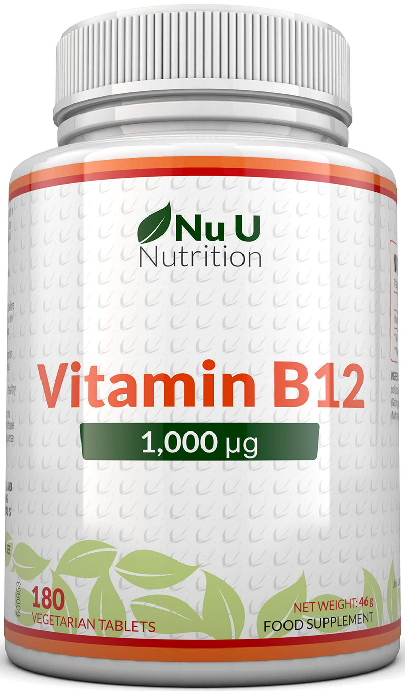Vitamin B12 1000?g - High Strength B12 Methylcobalamin - 180 Vegetarian Tablets (6 Month Supply) - Made in The UK by Nu U Nutrition - BeesActive Australia