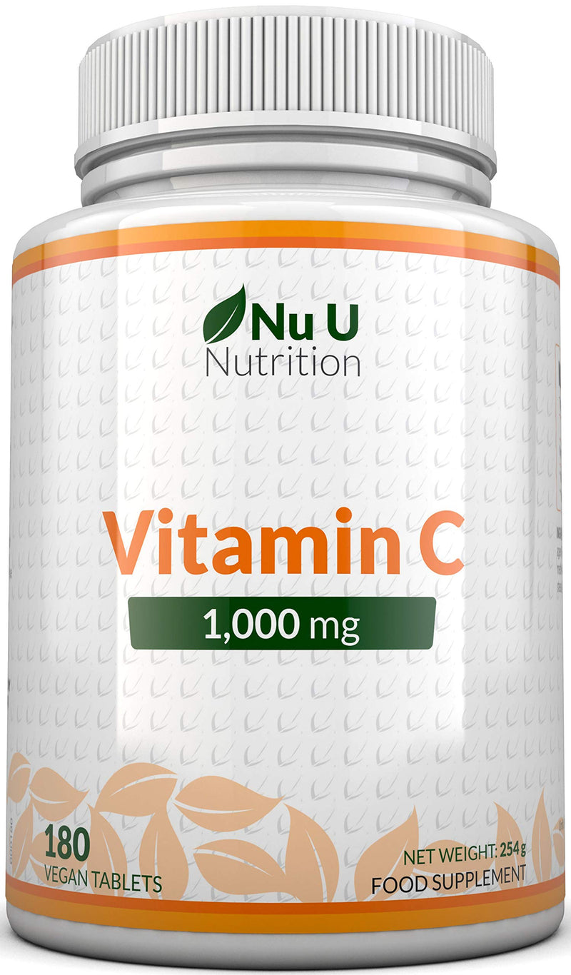 Vitamin C 1000mg | 180 Tablets (6 Month's Supply) | Ascorbic Acid, Suitable for Vegetarians & Vegans by Nu U Nutrition - BeesActive Australia