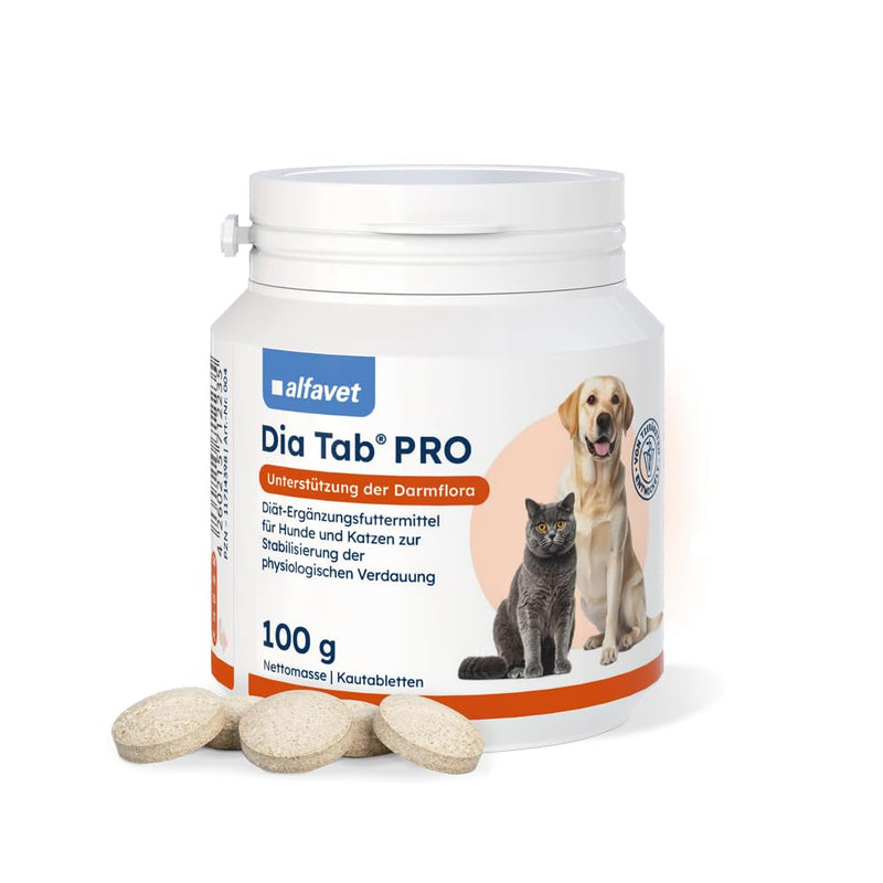 alfavet Dia Tab PRO for Dogs & Cats (100 g/ca. 50 chewable tablets) – Digestive Support Supplement – Prebiotic & Probiotic Formula with FOS, Enterococcus faecium & Bentonit