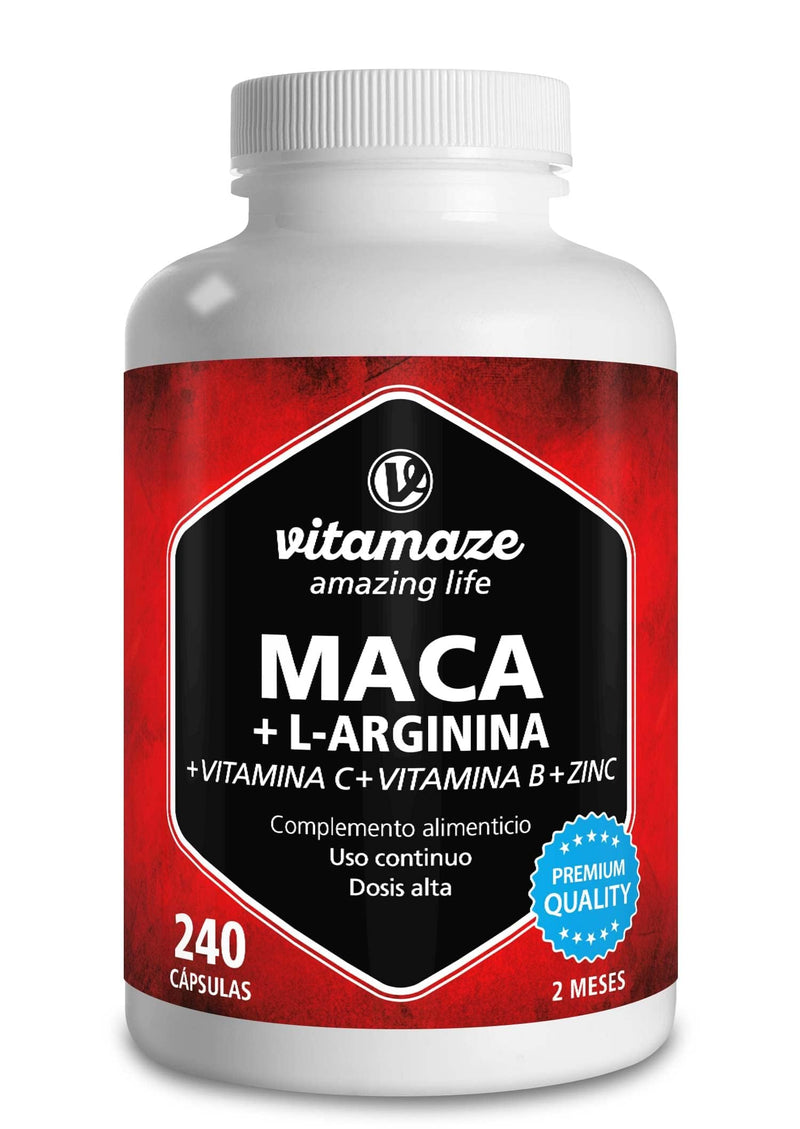 Maca Root Capsules with L-Arginine 5800mg + Vitamins B6, B12 + Zinc - Invigorating Anti-Stress Energy - High Strength 240 Capsules for 2 Months - Organic Supplement, German Quality- Vitamaze Maca Root 4000 mg - BeesActive Australia