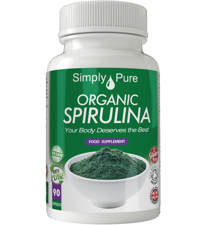 Simply Pure Organic Spirulina Capsules x 90, 100% Natural Soil Association Certified, 500mg, Gluten Free, GM Free and Vegan. - BeesActive Australia