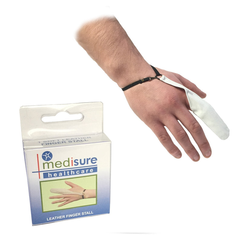 Medisure SIZE MEDIUM FIRSTAID PREMIUM ADJUSTABLE RE-USABLE MEDICAL PROTECTIVE WHITE LEATHER FINGER STALL - BeesActive Australia