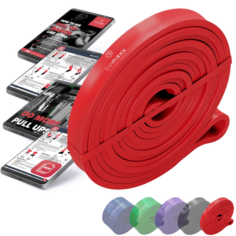 Resistance Band Heavy Strength, Pull Up Assist + Exercise Guide | Home Gym Equipment: Full Body Fitness Workout Rubber Loop, Chin Bar Assistance & Bodybuilding, Sports Gymnastics Training, Women Men 1) Red - BeesActive Australia