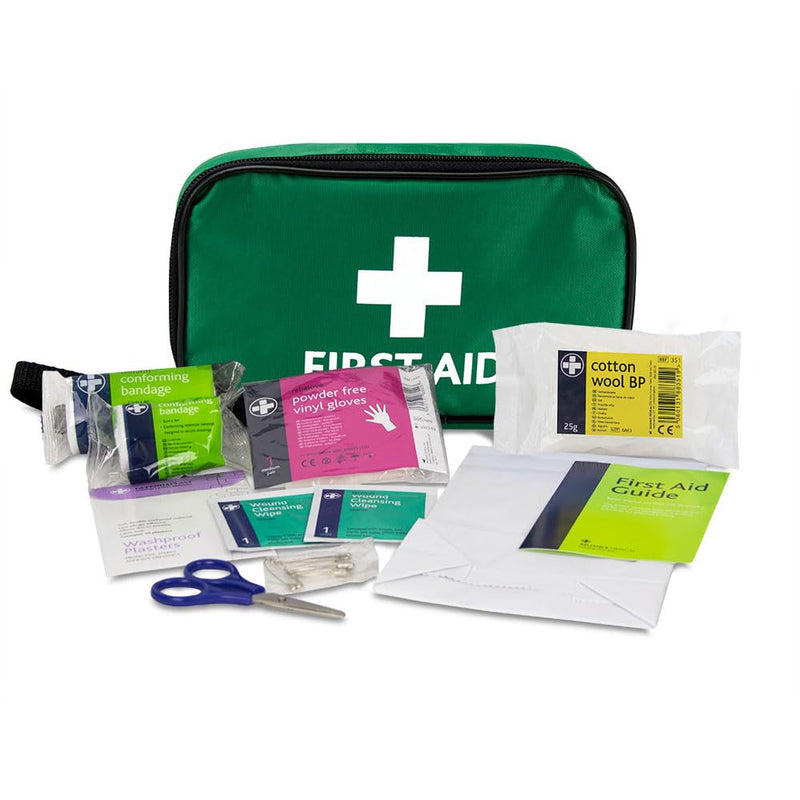 Reliance Medical - (REL416) Handy Travel First Aid Kit, Travel Pouch With, Bandages, Cotton Wool Balls, Gloves, Plasters, Safety Pins, Scissors, Slick Bag And Cleansing Wipes (Green) 1 Count (Pack of 1) - BeesActive Australia