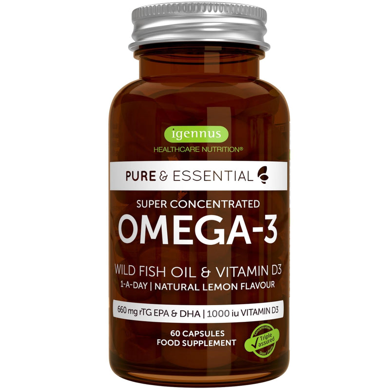 Omega-3 Wild Fish Oil & Vitamin D3 1000IU, 1-a-Day, Highly Concentrated EPA & DHA, Fast-Acting rTG, Natural Lemon Flavour, 60 Softgels, by Igennus - BeesActive Australia