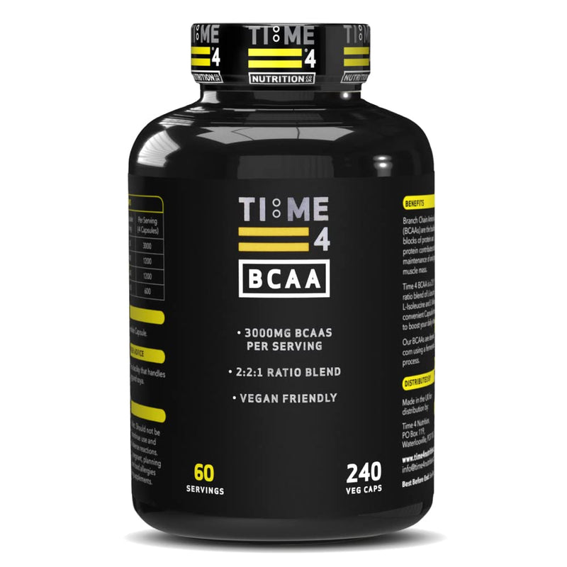 Time 4 BCAA - 240 Capsules High Strength Branch Chain Amino Acids Made By Fermentation Process for Muscle Growth, Tissue Repairing, & Energy Production Vegan BCAA Capsules Not BCAA Amino Acids Tablets - BeesActive Australia