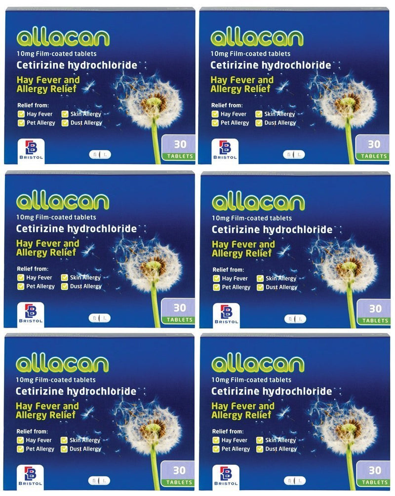 6 Months Supply Allacan Cetirizine Hayfever Allergy Tablets 30 x 6 30 Count (Pack of 6) - BeesActive Australia