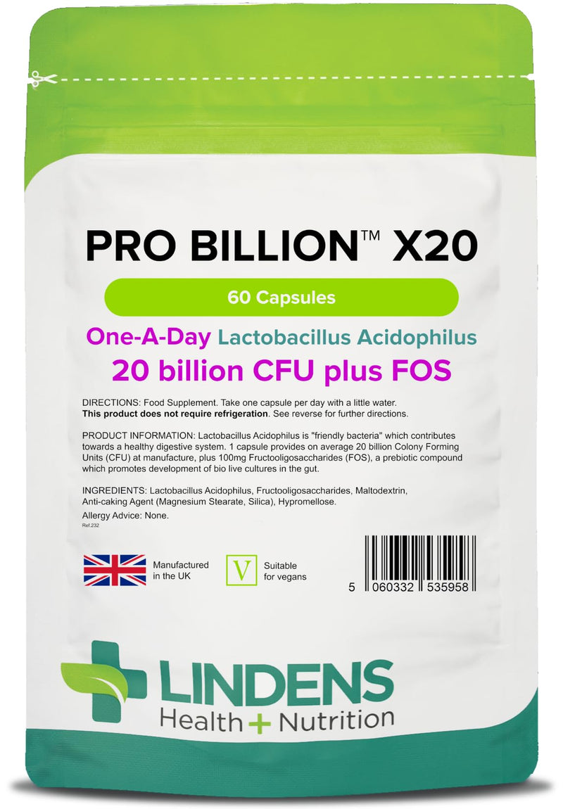Lindens Pro Billion X20 20 Billion Cfu Ultra High Strength Capsules - 60 Pack - Ultra High Potency Lactobacillus Acidophilus Supporting Digestion - UK Manufacturer, Letterbox Friendly - BeesActive Australia