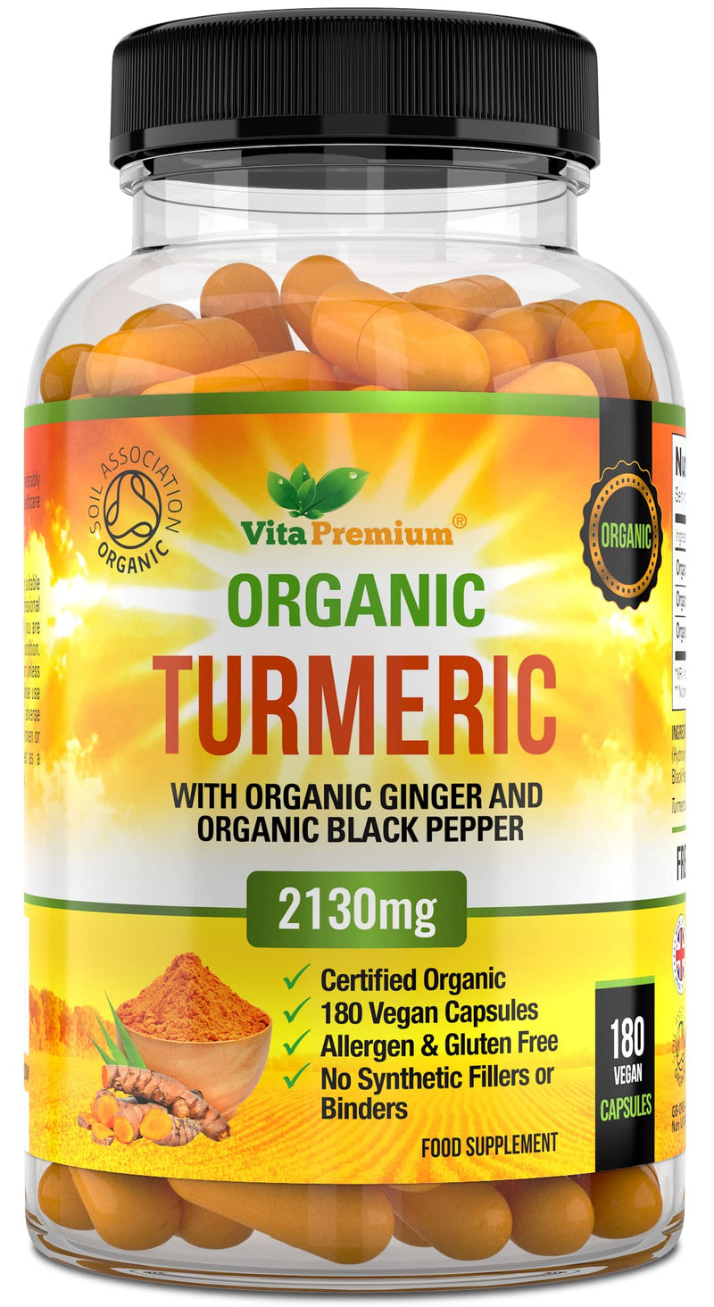 Organic Turmeric Curcumin 2130mg with Organic Ginger and Organic Black Pepper - 180 Vegan Capsules (6 Month Supply) - High Strength Tumeric Supplement - BeesActive Australia
