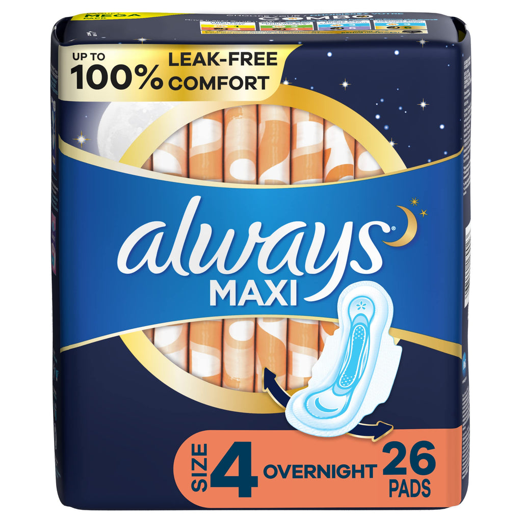 Always Maxi Feminine Pads For Women, Size 4 Overnight Absorbency, With Wings, Unscented, 26 Count Size 4 (26 Count) - BeesActive Australia