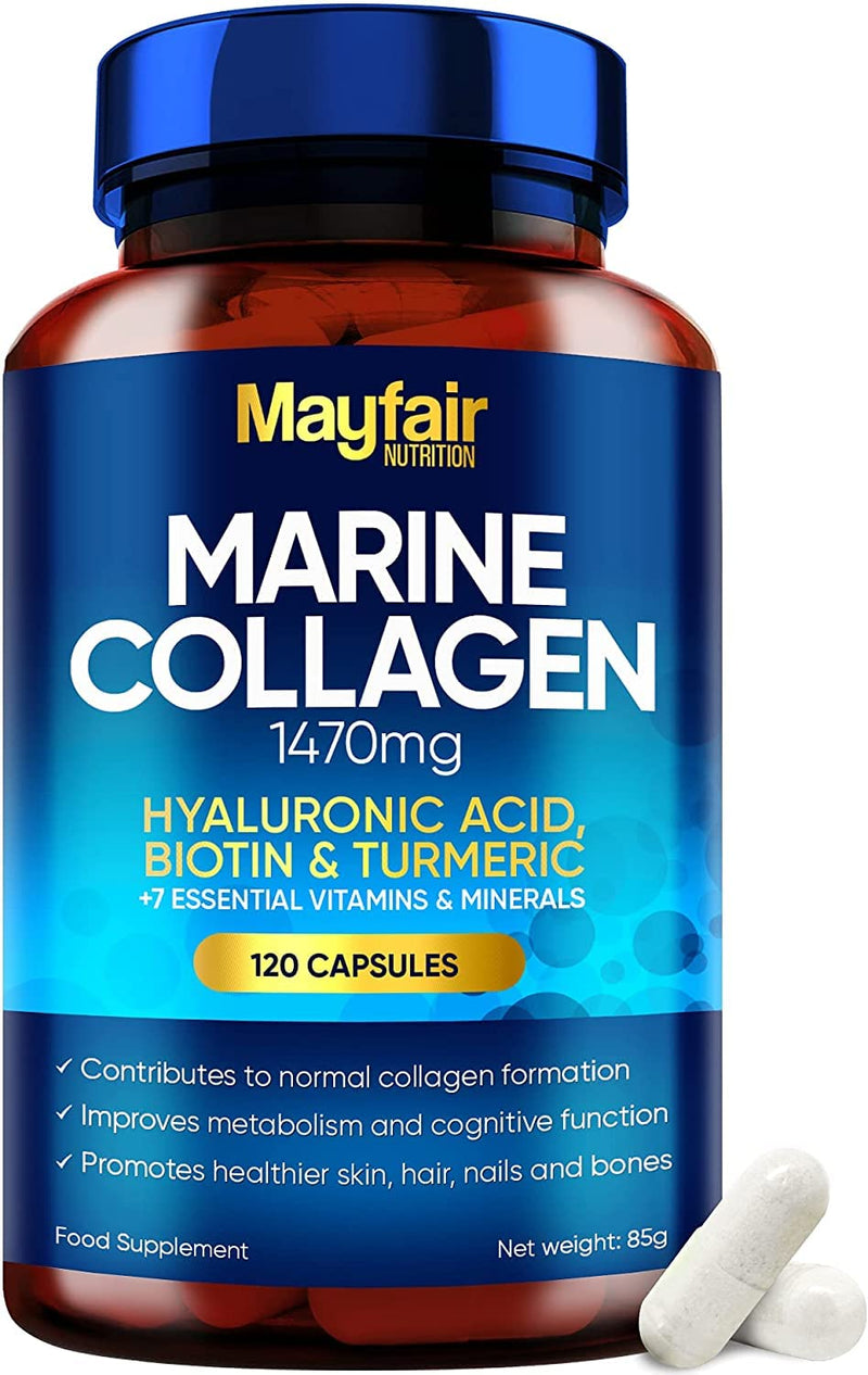 Marine Collagen Tablets - 120 High Strength Capsules - 1470mg Complex with Hyaluronic Acid, Biotin, Turmeric, Vitamin C, E, B2, D3 & 3 Minerals - Hydrolyzed Collagen Supplements for Women - Made in UK 120 Count (Pack of 1) - BeesActive Australia