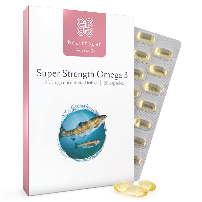 Healthspan Super Strength Omega 3 1,200mg (120 Capsules) | Brain, Heart & Eye Health | 240mg DHA & 360mg EPA per Capsule| Highly Purified to Remove Toxins | Sustainably Sourced Fish Oil 120 Count (Pack of 1) - BeesActive Australia