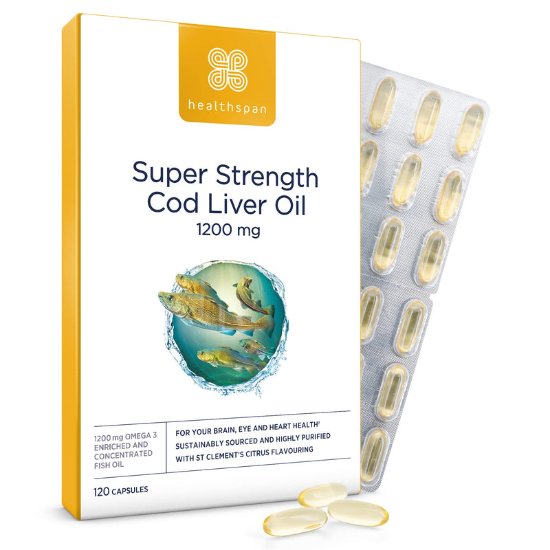 Healthspan Super Strength Cod Liver Oil 1,200mg (120 Capsules) | Supports Heart, Brain & Eye Health | Added Vitamin A, D3 and Calcium | Rich in Omega-3 Fatty Acids DHA & EPA | Sustainably Sourced - BeesActive Australia