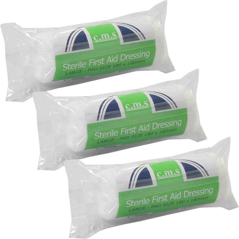 3 x C.M.S Medical Sterile HSE First Aid Large 18x18cm Wound Dressing Bandages L (Pack of 3) - BeesActive Australia