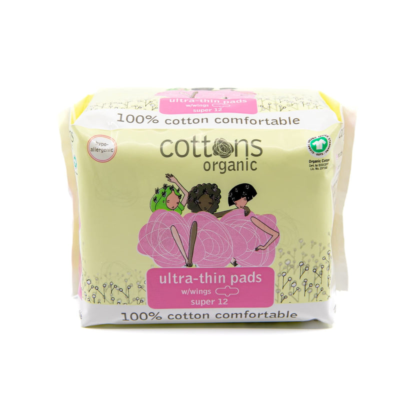 Cottons Ultra Thin Pads, Super, Pack of 12, 100% Organic Cotton, Hypoallergenic, Biodegradable Pack of 1 - BeesActive Australia