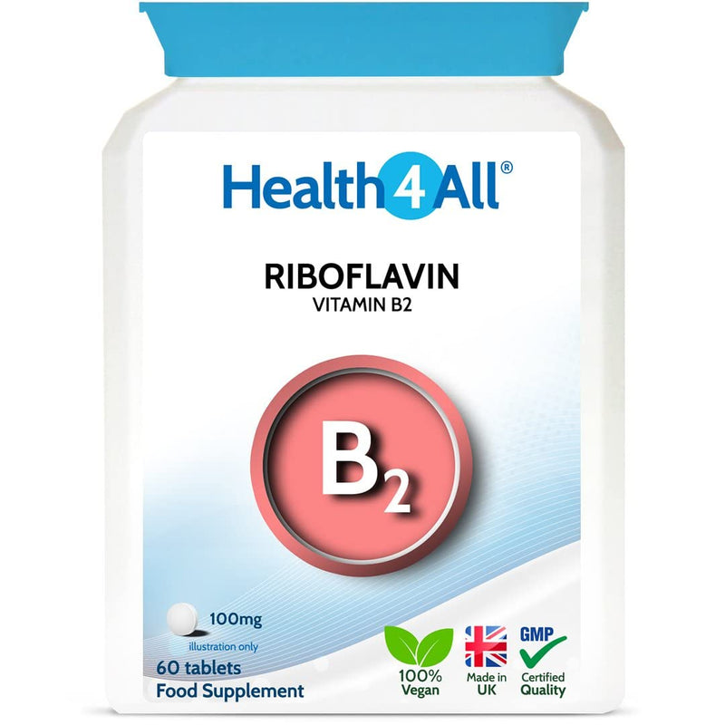 Vitamin B2 Riboflavin 100mg 60 Tablets Migraine Support, Stress and Energy. Vegan. Made by Health4All 60 Count (Pack of 1) - BeesActive Australia