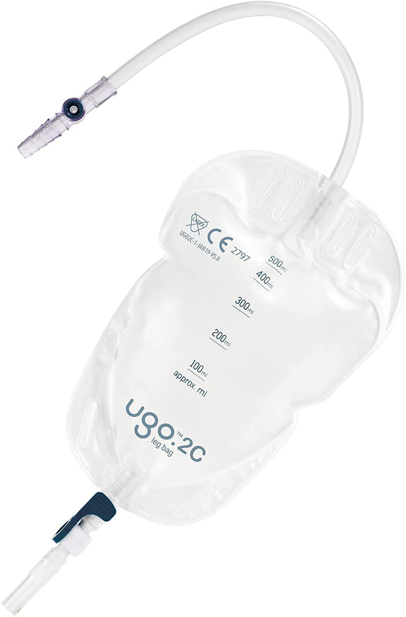 Ugo Leg Bags (x10) – Urine Drainage Bags/Catheter Leg Bags, T Tap or Lever Tap with Soft Fabric Backing and a Natural Leg-Shape Design, Leg Bag for Men and Women (5C - 350ml, Direct Inlet, Lever Tap) 2C - 500ml, Long Tube, Lever Tap - BeesActive Australia