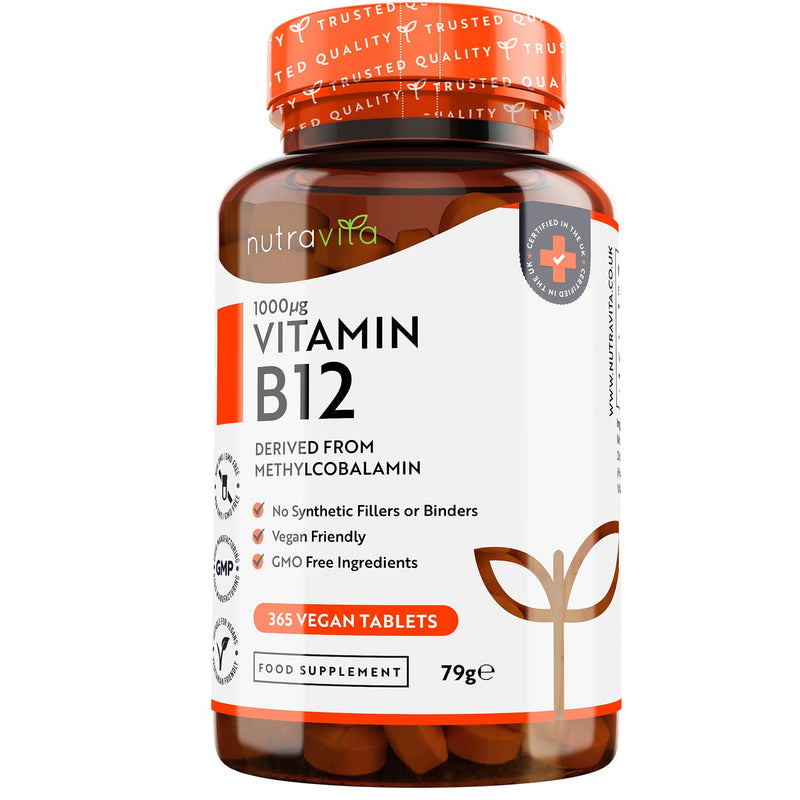 Vitamin B12 1000mcg - 365 High Strength Vegan Tablets (1 Year Supply) - Max Strength B12 Supplement - Contributes to The Reduction of Tiredness and Fatigue - Made in The UK by Nutravita 365 Count (Pack of 1) - BeesActive Australia