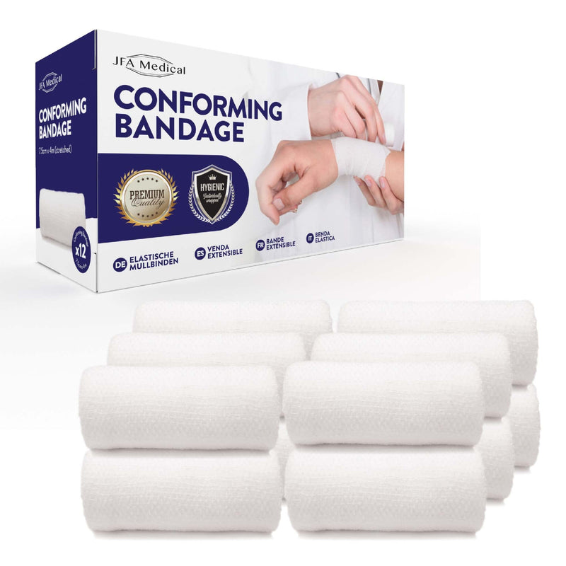 JFA Medical Conforming Bandage, Gauze Bandage Roll 7.5cm x 4m - Pack of 12 7.5cm x 4m (12 count) - BeesActive Australia