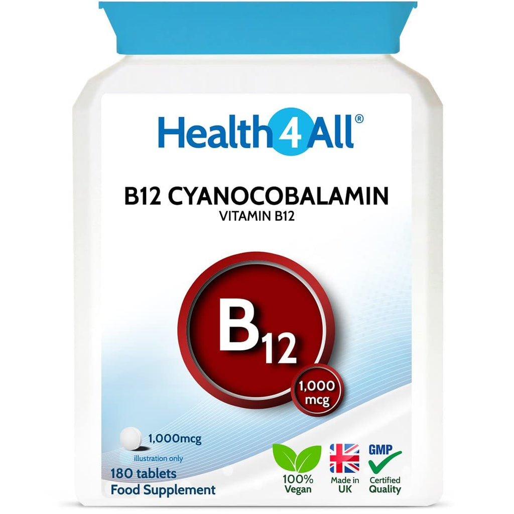 Vitamin B12 Cyanocobalamin High Strength 1000mcg 180 Tablets (V) Tiredness and Fatigue. Vegan. Made in The UK by Health4All. 180 Count (Pack of 1) - BeesActive Australia