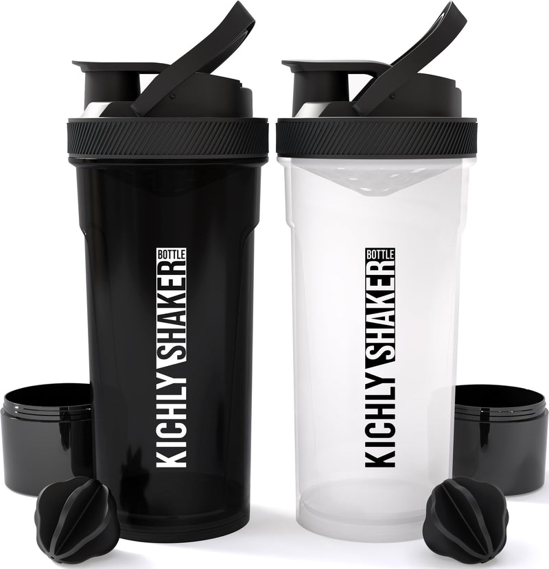KICHLY (Set of 2 Classic Protein Shaker Bottle (700 ml) with Protein Shaker Ball - Non-Leak Cap with Container for Protein Shakes – Perfect Fitness & Workout Partner (Black & Clear) Black & Clear - BeesActive Australia