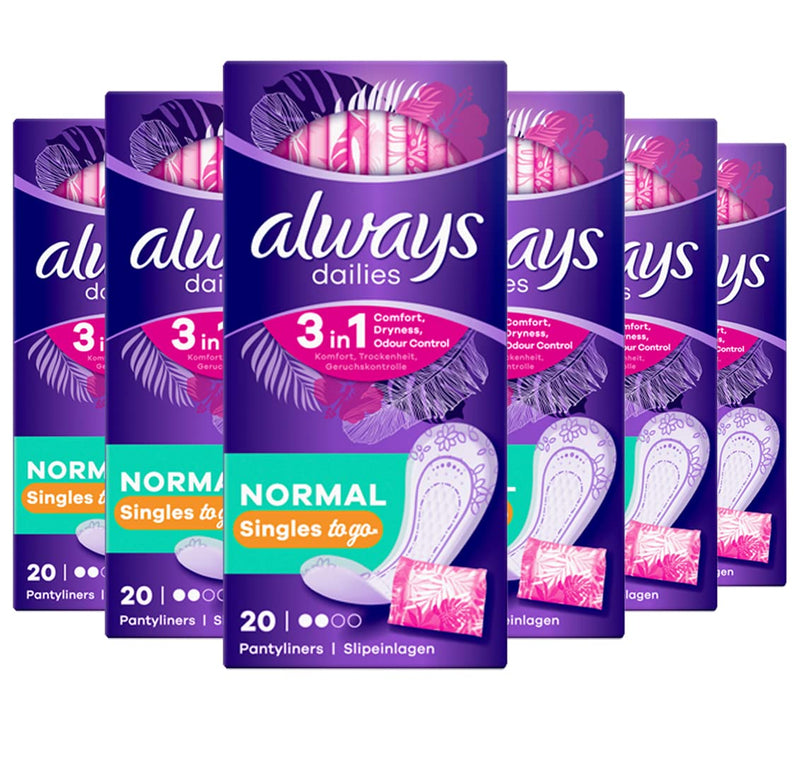 Always Dailies Individually Wrapped Normal Singles Pantyliners, Pack of 6 20 count (Pack of 1) Without Wings - BeesActive Australia