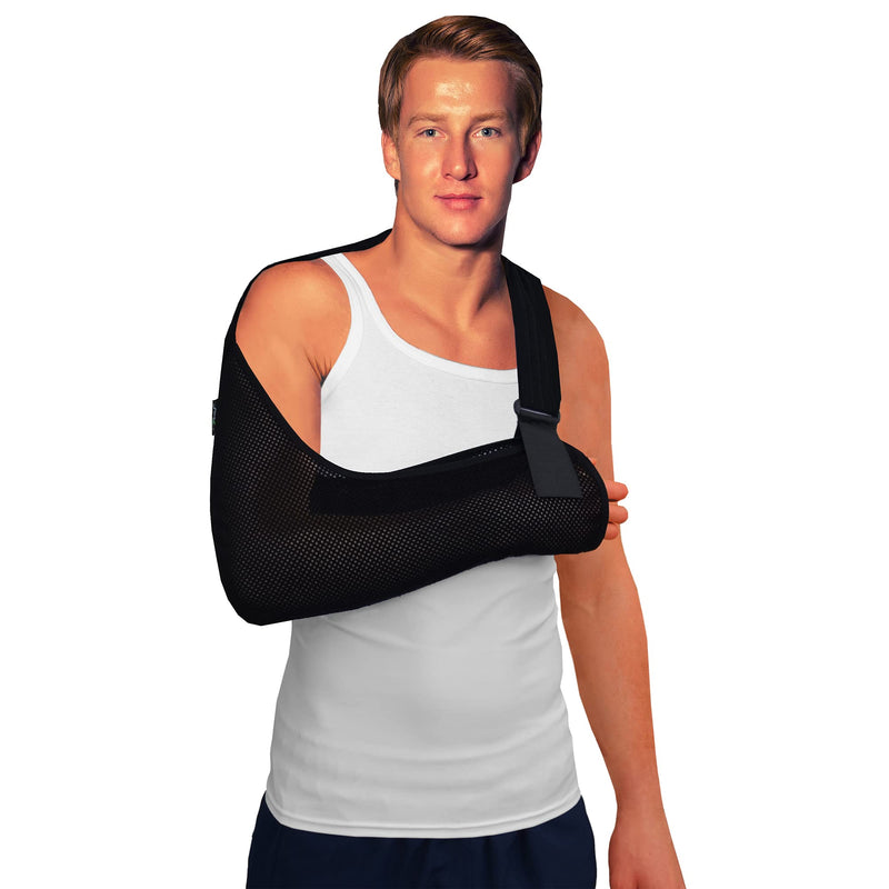 Adult ONE Size Arm Sling Shoulder Support (Black/Black) Medically Approved, Cool, Easy Fit, Thumb Loop, Unisex. Black/Black Trim - BeesActive Australia