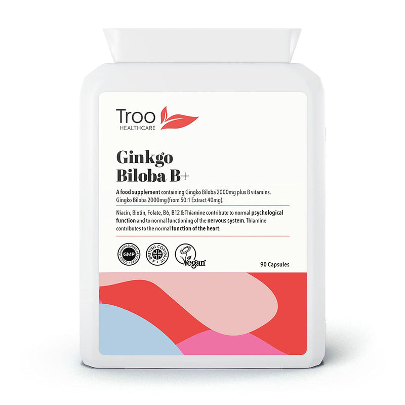 Troo Ginkgo Biloba B Plus Supplement 2000mg - 90 Capsules - High Strength Vegan Friendly capsules with added Vitamin B Complex for Heart , Circulation , Nervous System and Brain Support - UK Made - BeesActive Australia