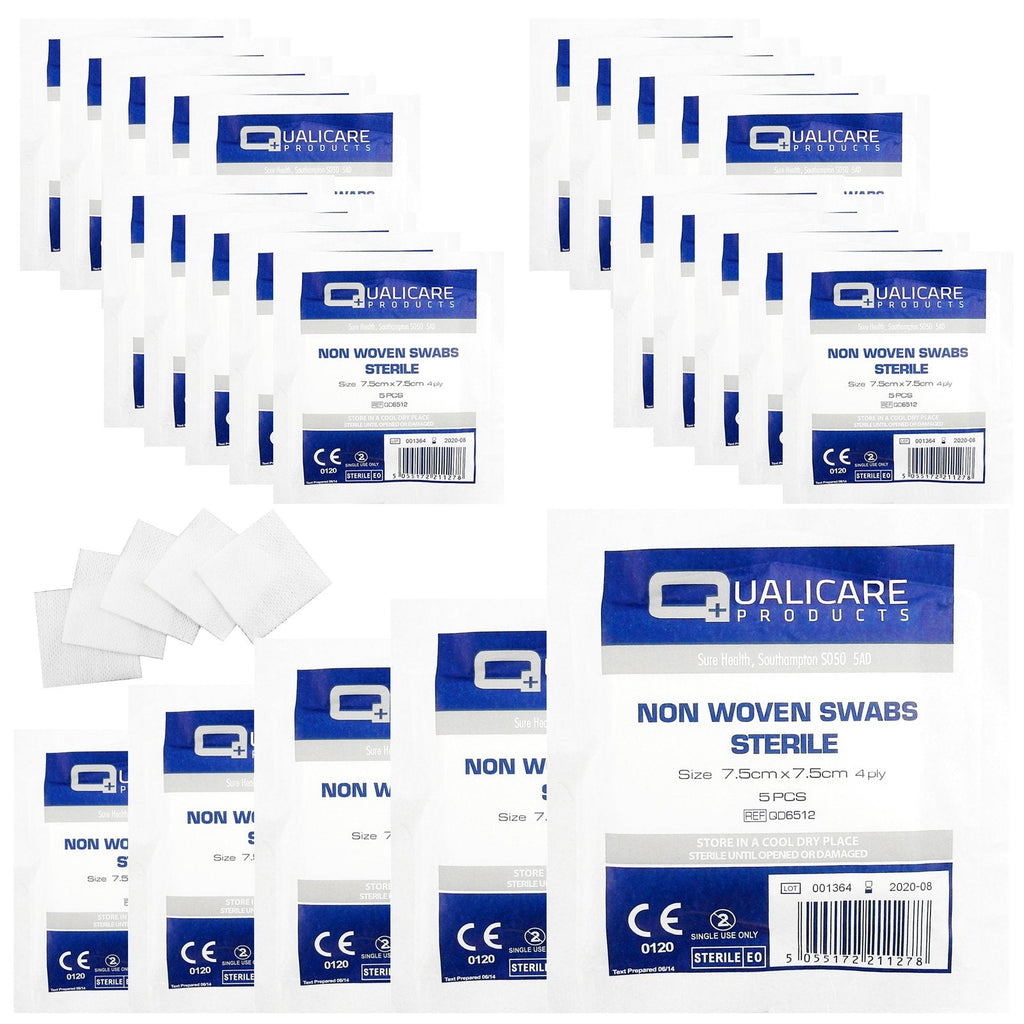 Qualicare None Woven 4PLY Sterile Gauze Medical Swabs Single Pack, 7.5cm x 7.5cm Sqaure - 25 Pack (125 Swabs) 5 Count (Pack of 25) - BeesActive Australia