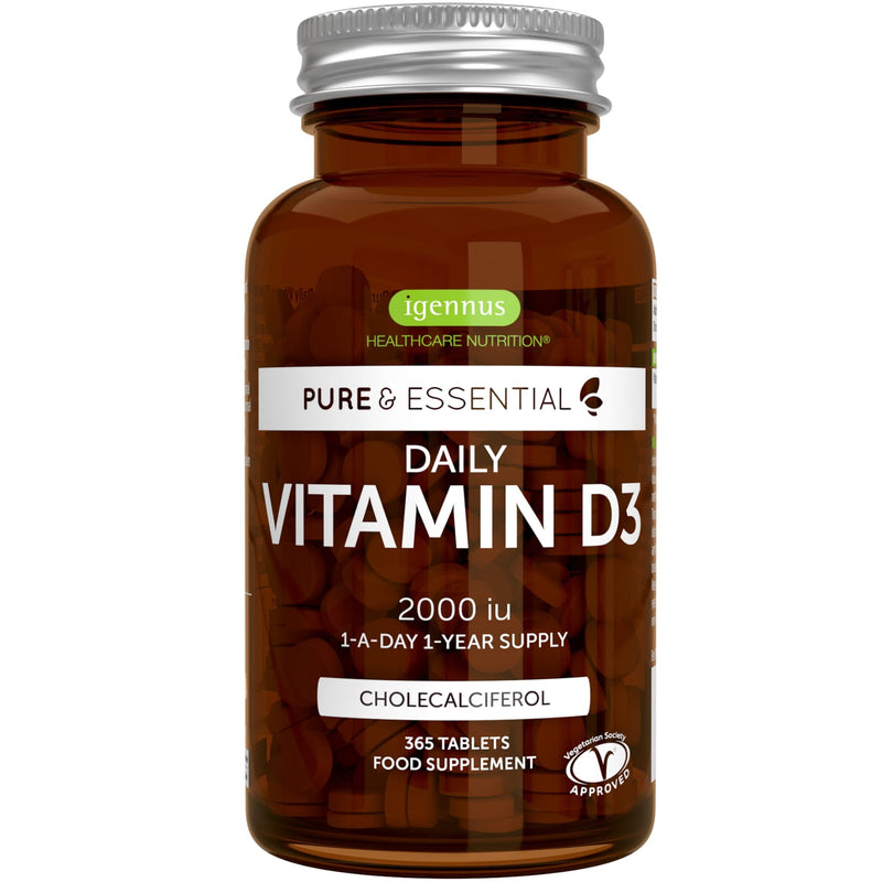 Pure & Essential Daily Vitamin D3 2000iu, 1-Year Supply, Cholecalciferol, Vegetarian, 365 Small Tablets - BeesActive Australia