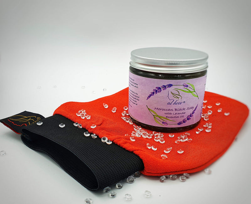 AL HOOR Moroccan Black Olive Soap Infused In Lavender Oil + Kessa Glove - Deep Acne Cleansing & Dead Skin Cells Remover - BeesActive Australia