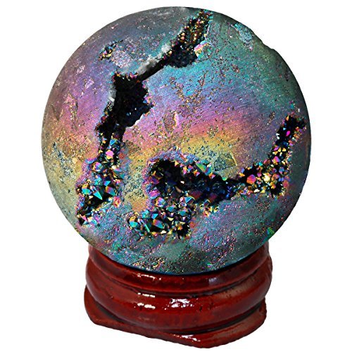 Shanxing 40mm Titanium Coated Natural Agate Geode Crystal Sphere Ball Specimen with Wooden Stand, Rainbow Druzy Quartz Stone Sphere Gift Ornament for Room Office Decor Good Luck Chakra Meditation - BeesActive Australia