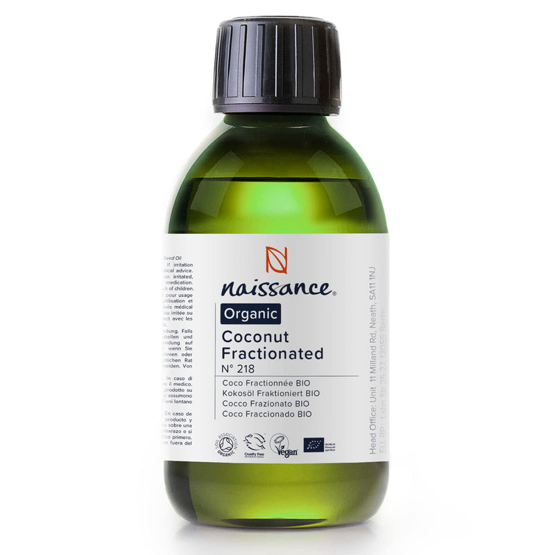 Naissance Organic Liquid Fractionated Coconut Oil (No. 218) - 250ml - 100% Pure Natural for Skin, Hair, Lip Gloss, DIY Beauty Recipes, Aromatherapy, Massage, Cuticules - MCT Oil - Cruelty Free, Vegan 250 ml (Pack of 1) - BeesActive Australia