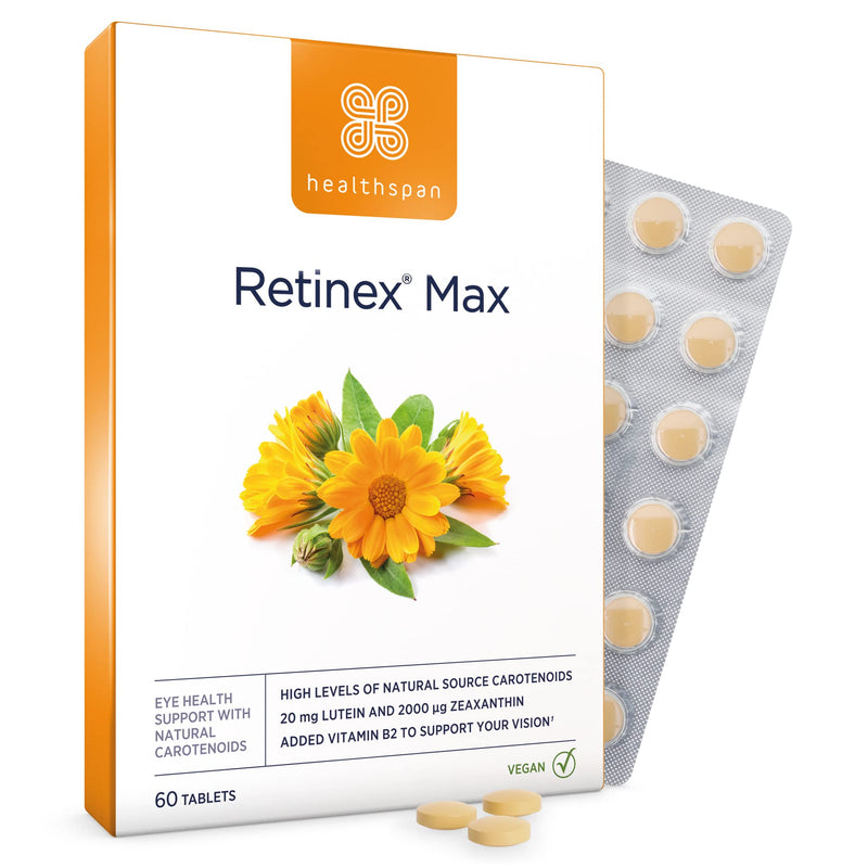 Healthspan Retinex Max (60 Tablets) | Long Term Vision and Eye Health | 20mg Lutein & 2,000ug Zeaxanthin | Added Vitamin B2 Contributes to Normal Vision | Natural Source Carotenoids | Vegan - BeesActive Australia