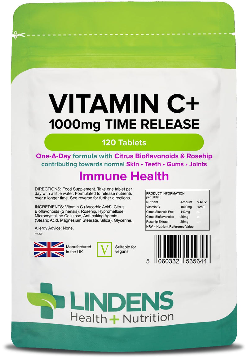 Lindens Vitamin C+ 1000mg Time Release Tablets - 120 Pack - with Citrus Bioflavonoids and Rosehip - Contributes to Immune System Health, Reduces Tiredness and Supports Healthy Skin and Teeth 120 Count (Pack of 1) - BeesActive Australia