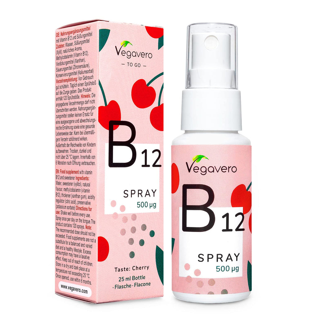 Vitamin B12 Spray Vegavero� | Vegan Methylcobalamin | 120 Days | Natural Cherry Flavour | 500�g per Spray | Liquid Travel Size - BeesActive Australia