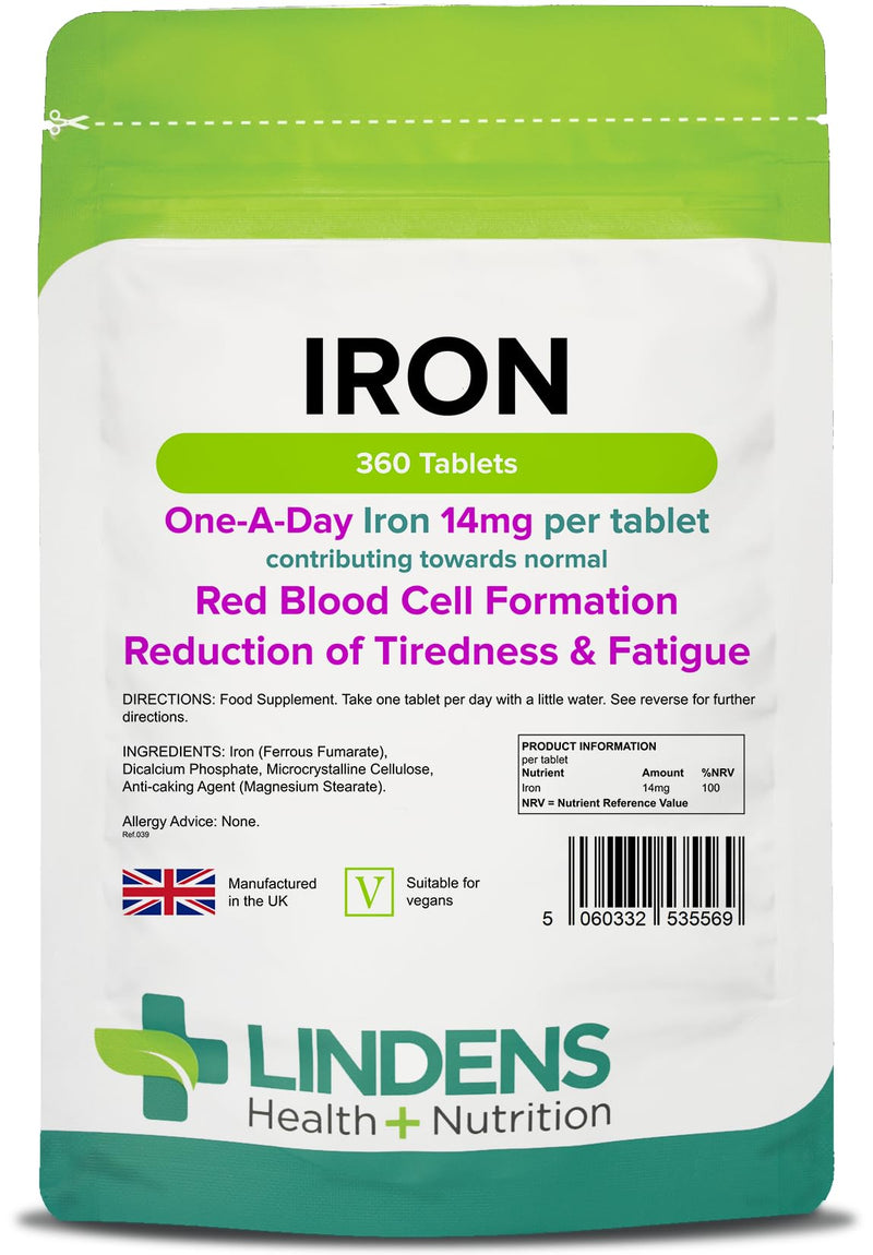Lindens Iron 14mg Tablets - 360 Vegan Tablets - Reduce Tiredness, Increase Energy | Creates Healthy Red Blood Cells, Normal Oxygen Transportation | Made in The UK | (12 Months Supply) - BeesActive Australia