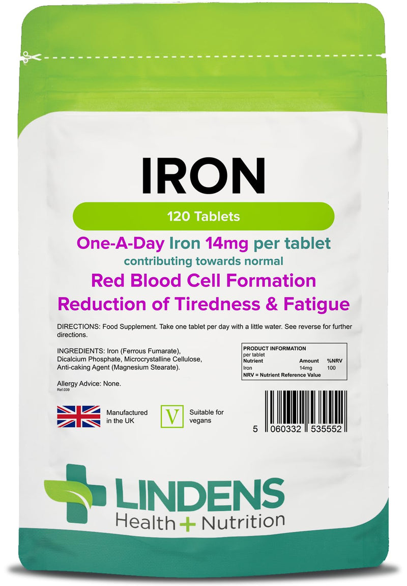Lindens Iron 14mg - 120 Vegan Tablets - Reduce Tiredness, Increase Energy | Creates Healthy Red Blood Cells | Normal Oxygen Transportation | (4 Months Supply) | UK Manufacturer, Letterbox Friendly - BeesActive Australia