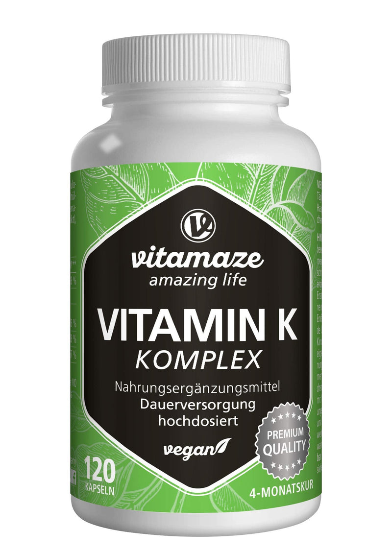 Vitamin K Complex K1 and K2 Menaquinone - High Strength (K1 1.000 mcg MK4 + K2 200 mcg MK7) - 120 Vegan Capsules for 4 Months - Best Bioavailability Supplement - Without Additives- Vitamaze Vitamin K Complex - BeesActive Australia