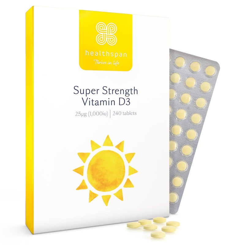 Healthspan Super Strength Vitamin D3 (240 Tablets) | Immune Health | Bone, Teeth & Muscle Health | Contains 1,000iu of Natural Source Vitamin D3 in Each Tablet | Vegetarian 240 Count (Pack of 1) - BeesActive Australia