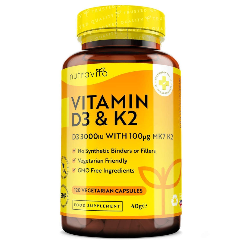 Vitamin D3 3000iu & K2 100ug (MK7) � 120 Vitamin D3 K2 Vegetarian Capsules � Supports Normal Bones, Muscles, Teeth and Immune System � Cholecalciferol & Menaquinone-7 � Made in The UK by Nutravita - BeesActive Australia