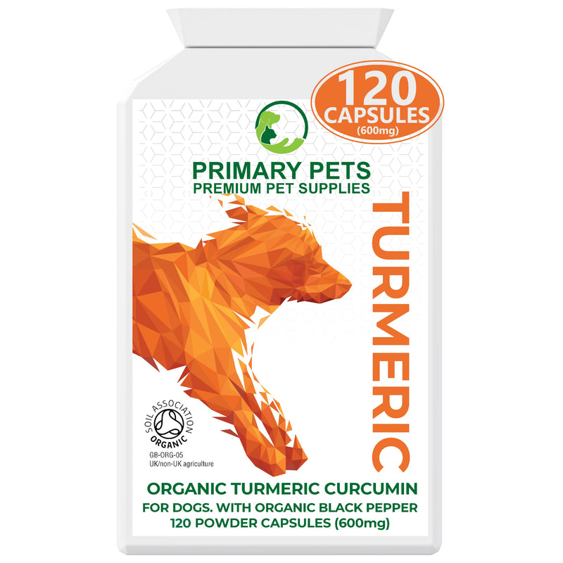 Primary Pets Premium Pet Supplies - Organic Turmeric Capsules for Dogs, 120 x 600mg, Curcumin and Black Pepper Supplement, Supports Joint Health, Mobility and Wellness, Made with Turmeric Powder 120 Powder Capsules