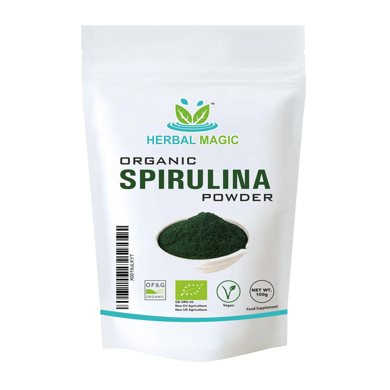 Herbal Magic's Organic Spirulina Powder - Sparkle Your Smoothies, Shakes - Ideal for Trainers on a Vegan, Vegetarian Diet - No Fillers & Preservatives - of&G UK Organic Certified-100g (Pack of 1) 100 g (Pack of 1) - BeesActive Australia